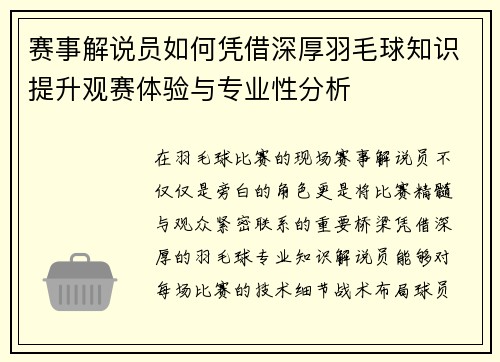 赛事解说员如何凭借深厚羽毛球知识提升观赛体验与专业性分析