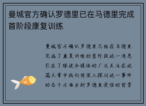 曼城官方确认罗德里已在马德里完成首阶段康复训练 曼城官方确认罗德里已在马德里完成首阶段康复训练