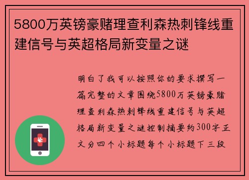 5800万英镑豪赌理查利森热刺锋线重建信号与英超格局新变量之谜 5800万英镑豪赌理查利森热刺锋线重建信号与英超格局新变量之谜